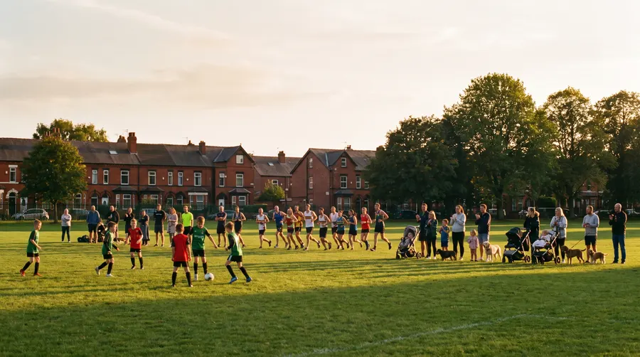 Junior football on a Trafford park at golden hour